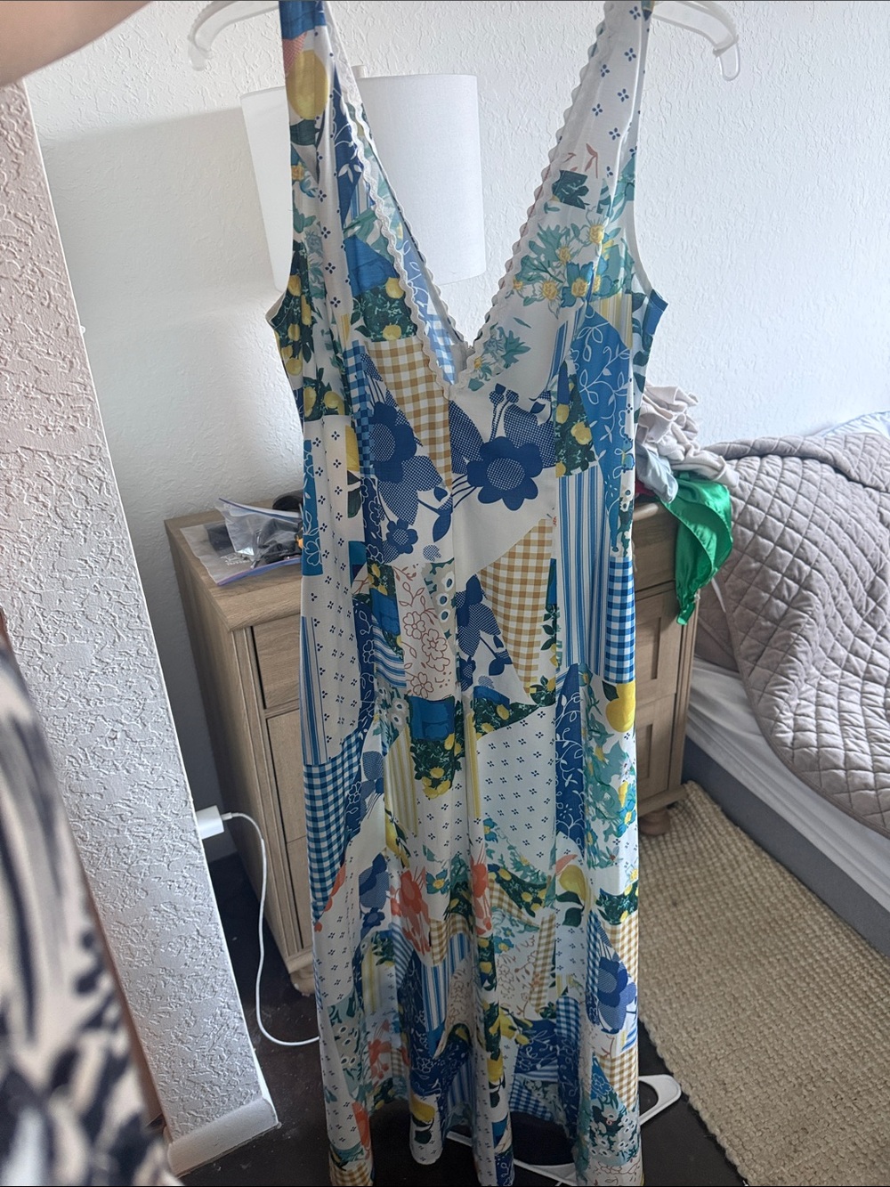 Floral Patchwork Maxi Dress with Deep V-Neck - Blue & Yellow - Picture 2 of 2